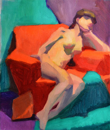 Red Chair 16 x 20 oil painting by Fine Artist Julie Holmes This painting is on display at Freeman's in Philadelphia PA July 2016