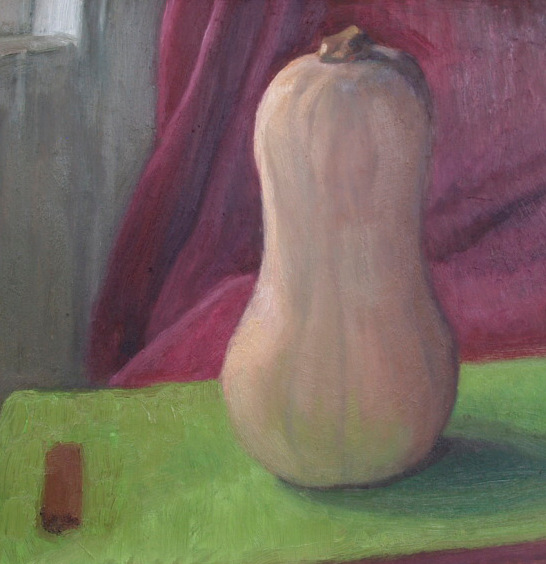 Mighty Butternut Squash oil painting by fine artist Julie Dyer Holmes in Raleigh NC This 8 x 8 in panel painting is for sale. See link in blog post for details.