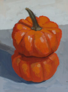 Two stacked pumpkins gouache painting by Julie Dyer Holmes in Raleigh NC