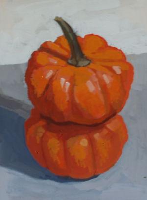 Two stacked pumpkins gouache painting by Julie Dyer Holmes in Raleigh NC