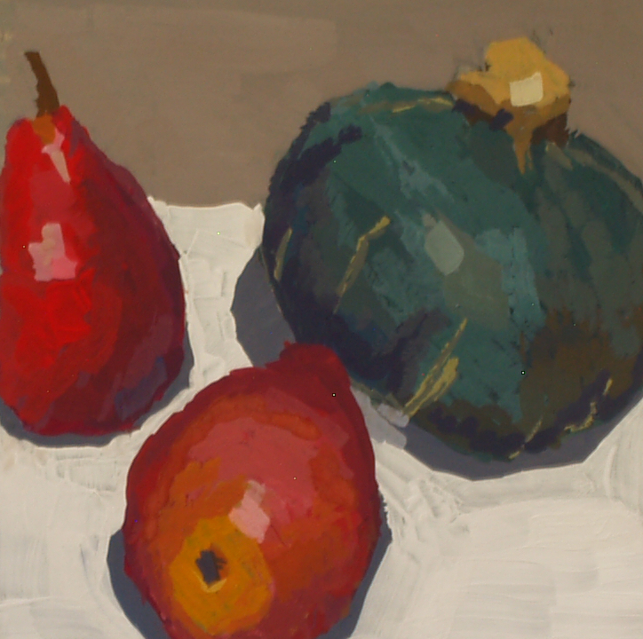 pears and kabocha squash usual suspects gouache painting by Julie Dyer Holmes