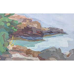 Coincidences and Connections 4x6 inch gouache painting of rocks at Roque Bluffs Maine by JD Holmes