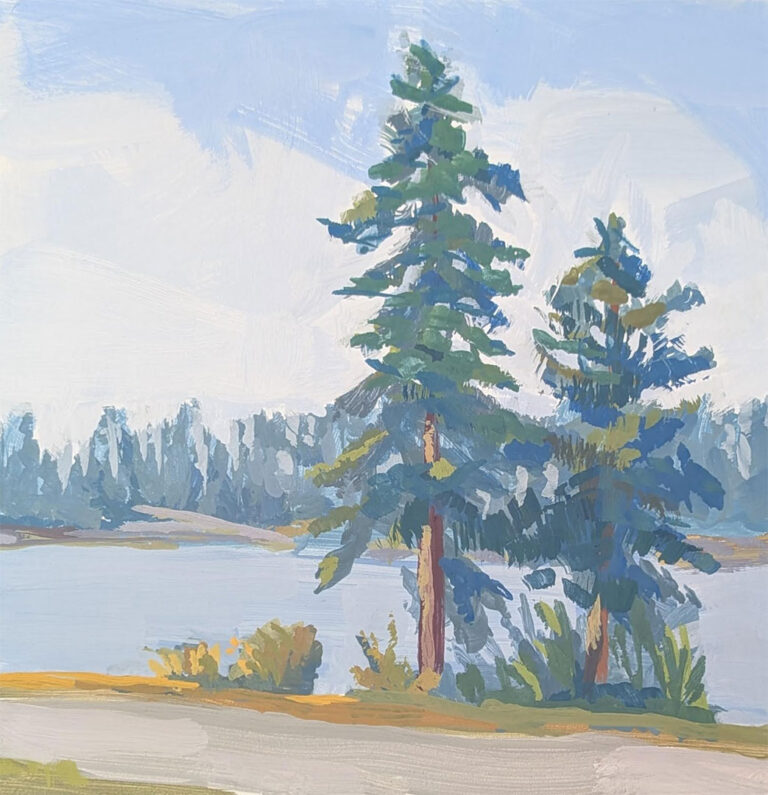 Acadia Seashore 5x5 inch gouache painting on panel by JDHolmes