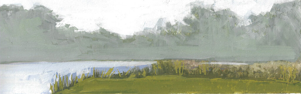 Across the River 6x18 gouache painting on archival paper