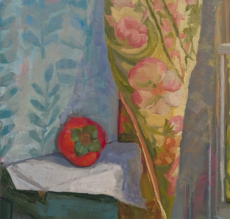 Persimmon and Pattern 12 x12 inch oil painting on panel by Fine Artist Julie Dyer Holmes