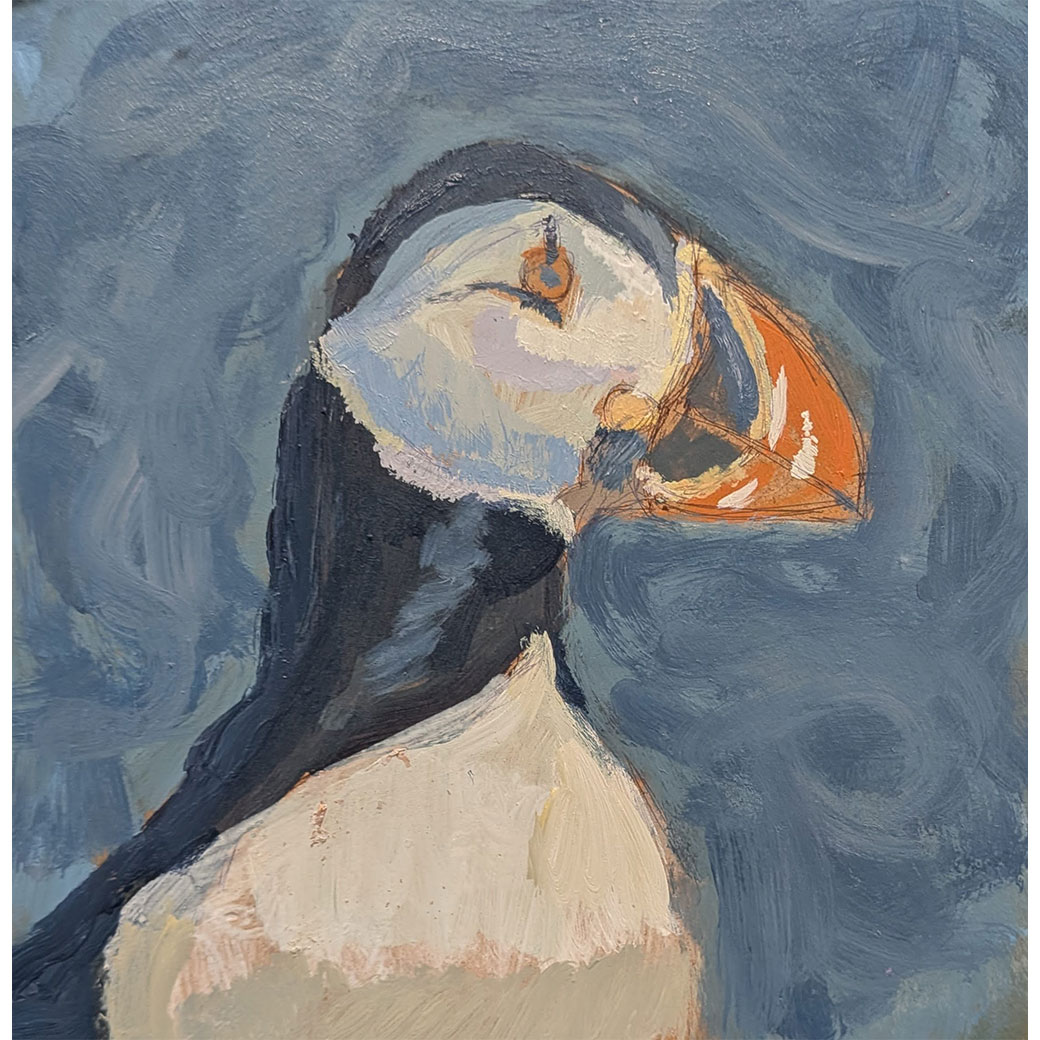 Puffin Lovers Unite 6x6 inch acrylic painting on panel by JDHolmes