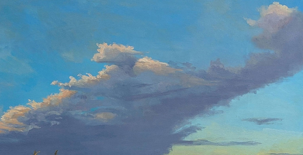 Invitation to Linger is a colorful cloud, sky and seascape painting by Fine Artist JDHolmes