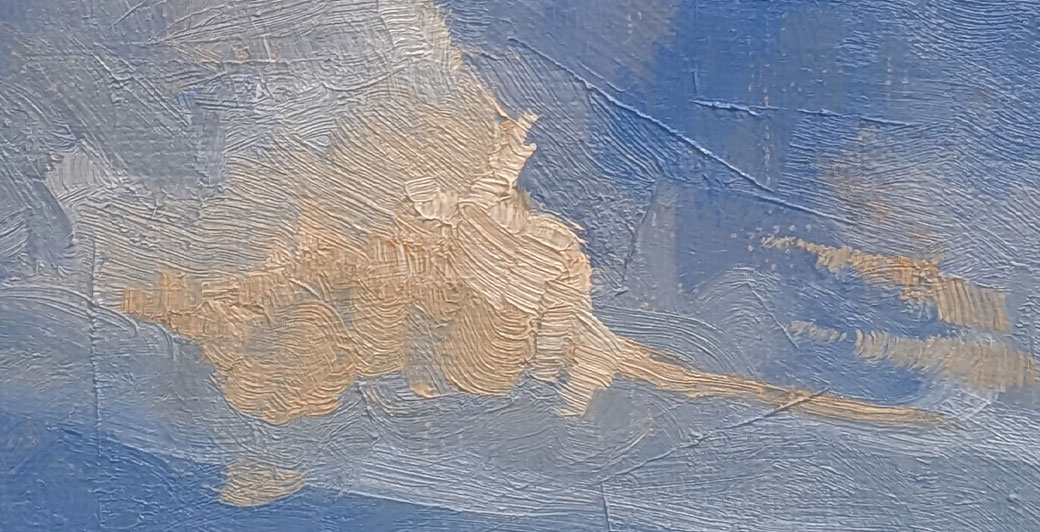 The sun can save the sky is a 4x8 inch oil painting of a sliver of the moon with bright sun shining on the clouds just before sunset by American painter Julie Dyer Holmes